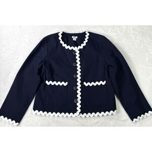 J. Crew Blazer Women's 8 Navy Blue Rickrack Trim Linen Jacket J0947 Lightweight